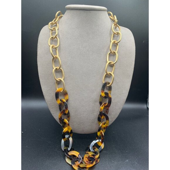 Faux Tortoise Plastic & Textured Metal Chain Necklace Chunky Gold Tone Statement - Picture 2 of 6